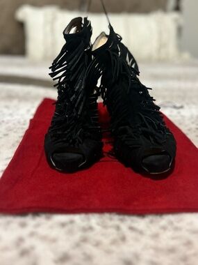 Christian Louboutin Black Fringe Peep-Toe Heels